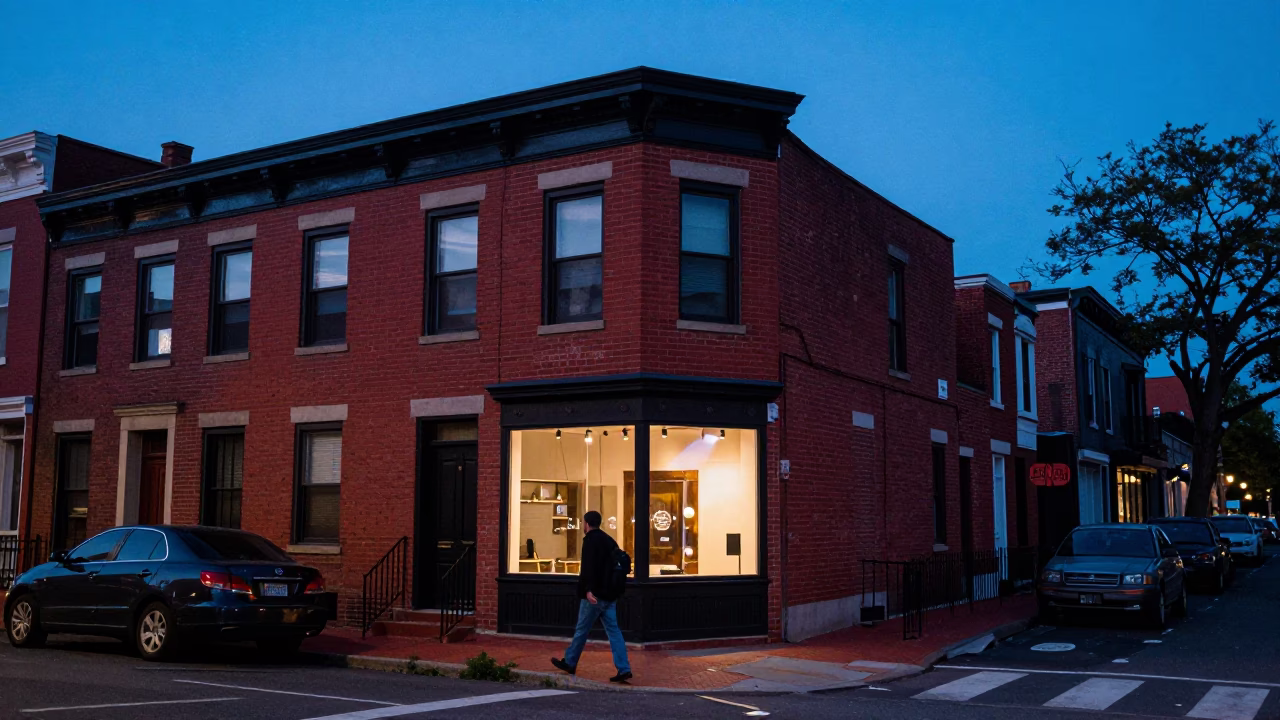 Philadelphia Evening Street Scene with Brick Architecture and Urban Details in in Philadelphia, Pennsylvania, United States