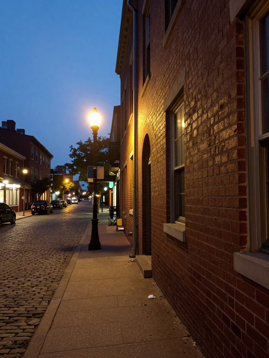 Philadelphia Evening Street Scene with Cobblestones and Streetlights in in Philadelphia, Pennsylvania, United States