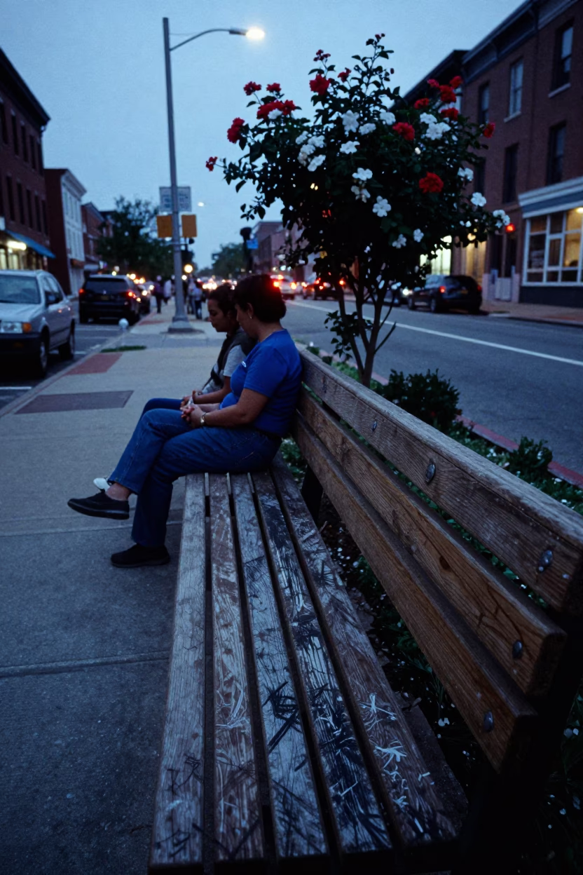 Philadelphia Evening Street Scene with Flowering Plant and Scratched Bench in in Philadelphia, Pennsylvania, United States
