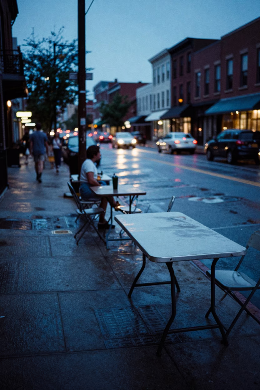 Philadelphia Evening Street Scene with Folding Tables and Damp City Lights in in Philadelphia, Pennsylvania, United States