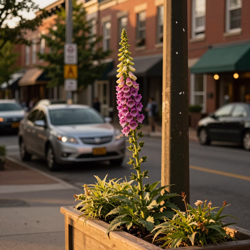 Philadelphia Evening Street Scene with Foxglove and Urban Details in Honeyed Light in in Philadelphia, Pennsylvania, United States