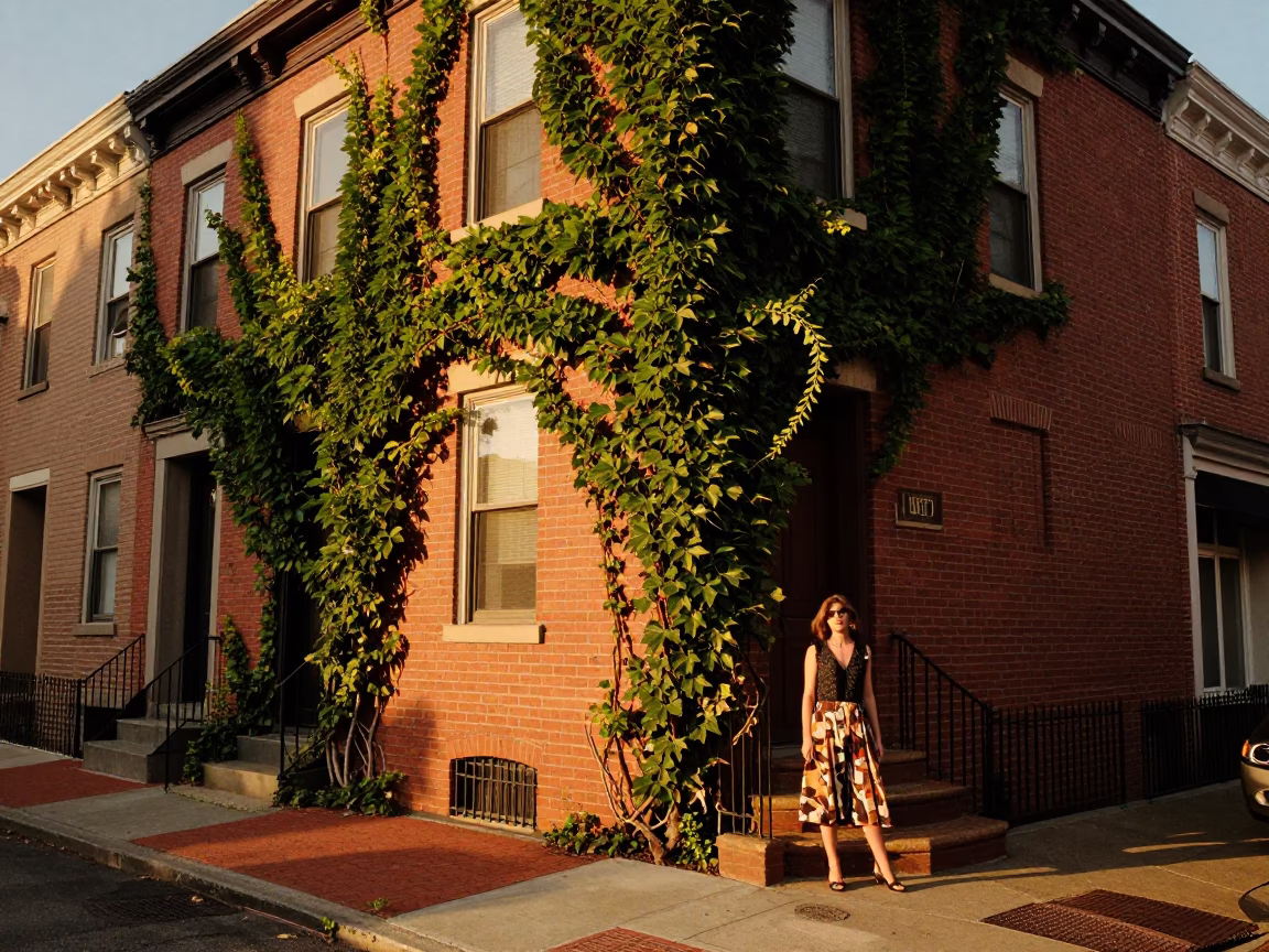 Philadelphia Evening Street Scene with Ivy Vines and Vintage Majolica Plate Detail in in Philadelphia, Pennsylvania, United States