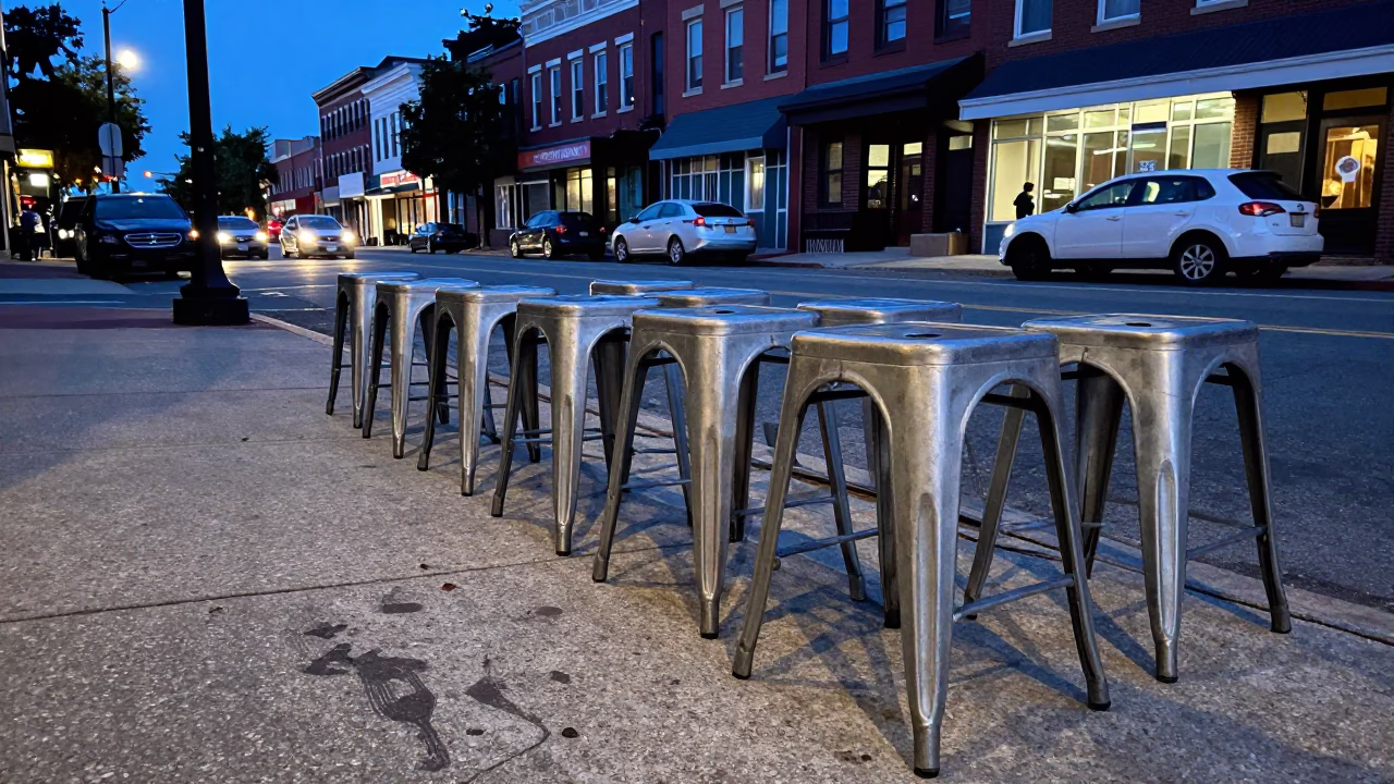 Philadelphia Evening Street Scene with Metal Stools and Local Diners in Last Blue Light in in Philadelphia, Pennsylvania, United States