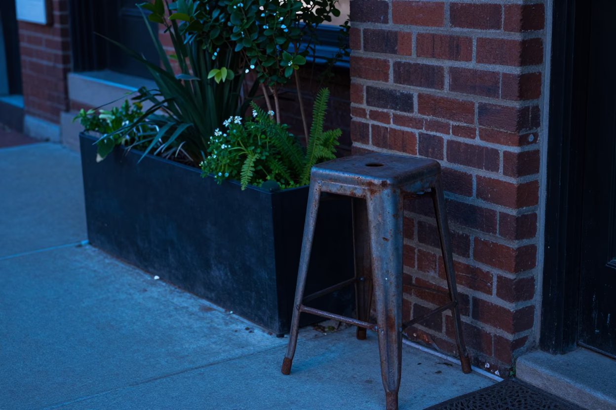 Philadelphia Evening Street Scene with Rusty Stool and Garden Rake in Blue Hour Light in in Philadelphia, Pennsylvania, United States