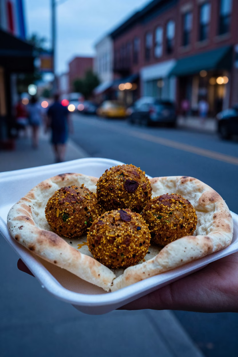 Philadelphia Evening Street Scene with Tray of Falafel in Pita in in Philadelphia, Pennsylvania, United States
