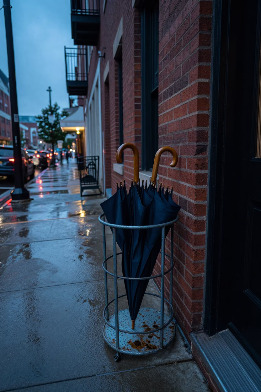 Philadelphia Evening Street Scene with Umbrella Stand and City Lights in in Philadelphia, Pennsylvania, United States