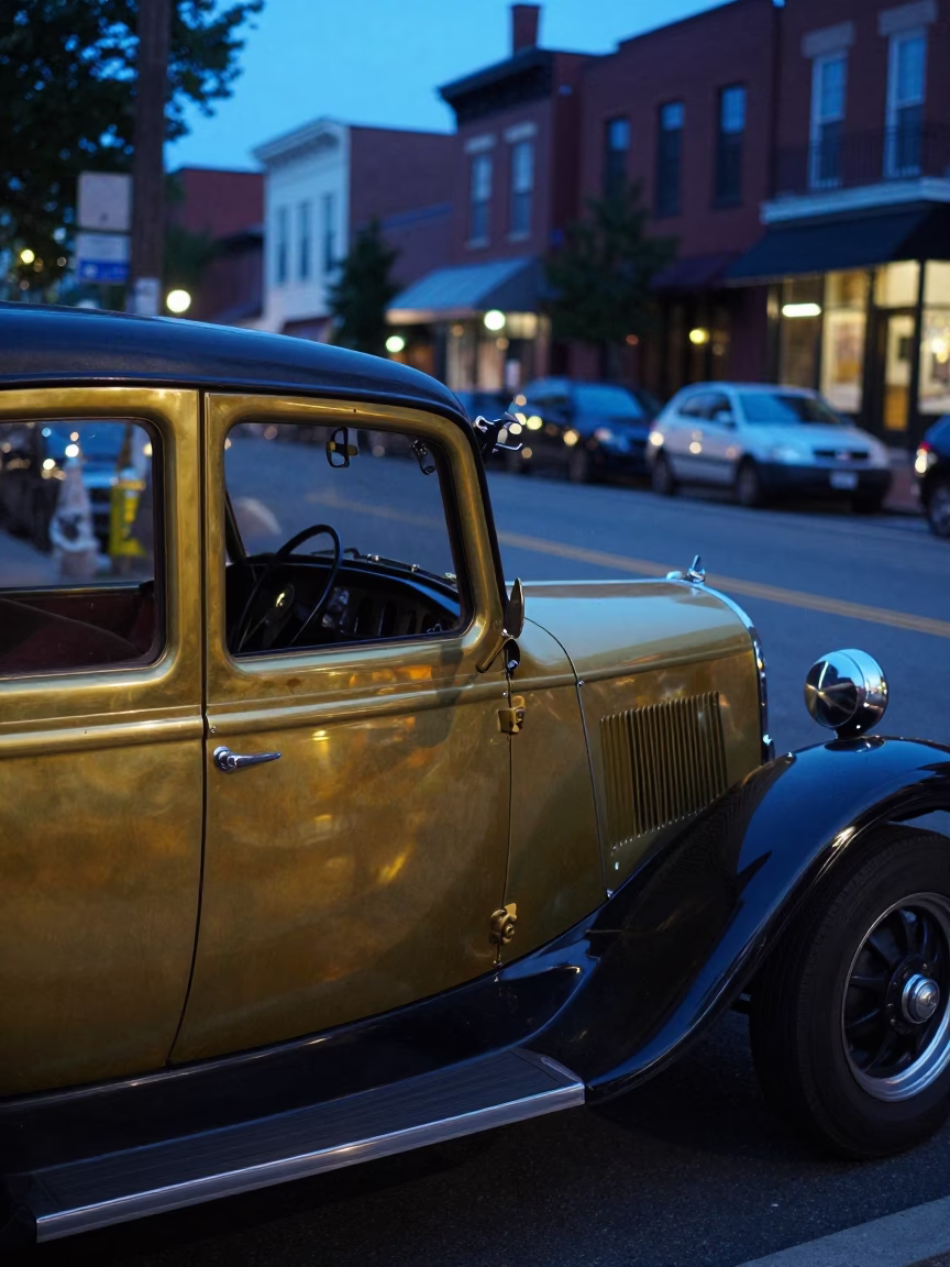 Philadelphia Evening Street Scene with Vintage Car and Brass Cabinet Detail in in Philadelphia, Pennsylvania, United States