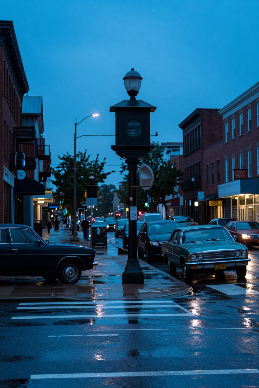 Philadelphia Evening Street Scene with Vintage Cars and Substation Puddle Reflections in in Philadelphia, Pennsylvania, United States