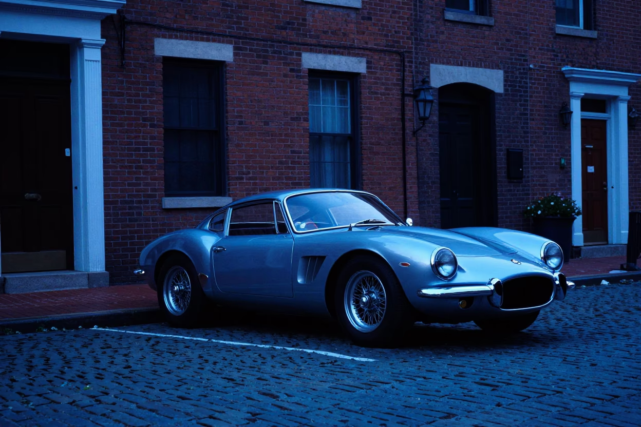 Philadelphia Evening Street Scene with Vintage Sports Car and Urban Architecture in in Philadelphia, Pennsylvania, United States