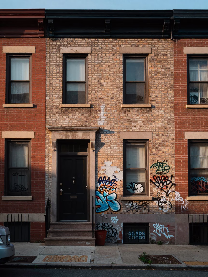 Philadelphia First Light Street Scene with Graffiti and Urban Details in in Philadelphia, Pennsylvania, United States