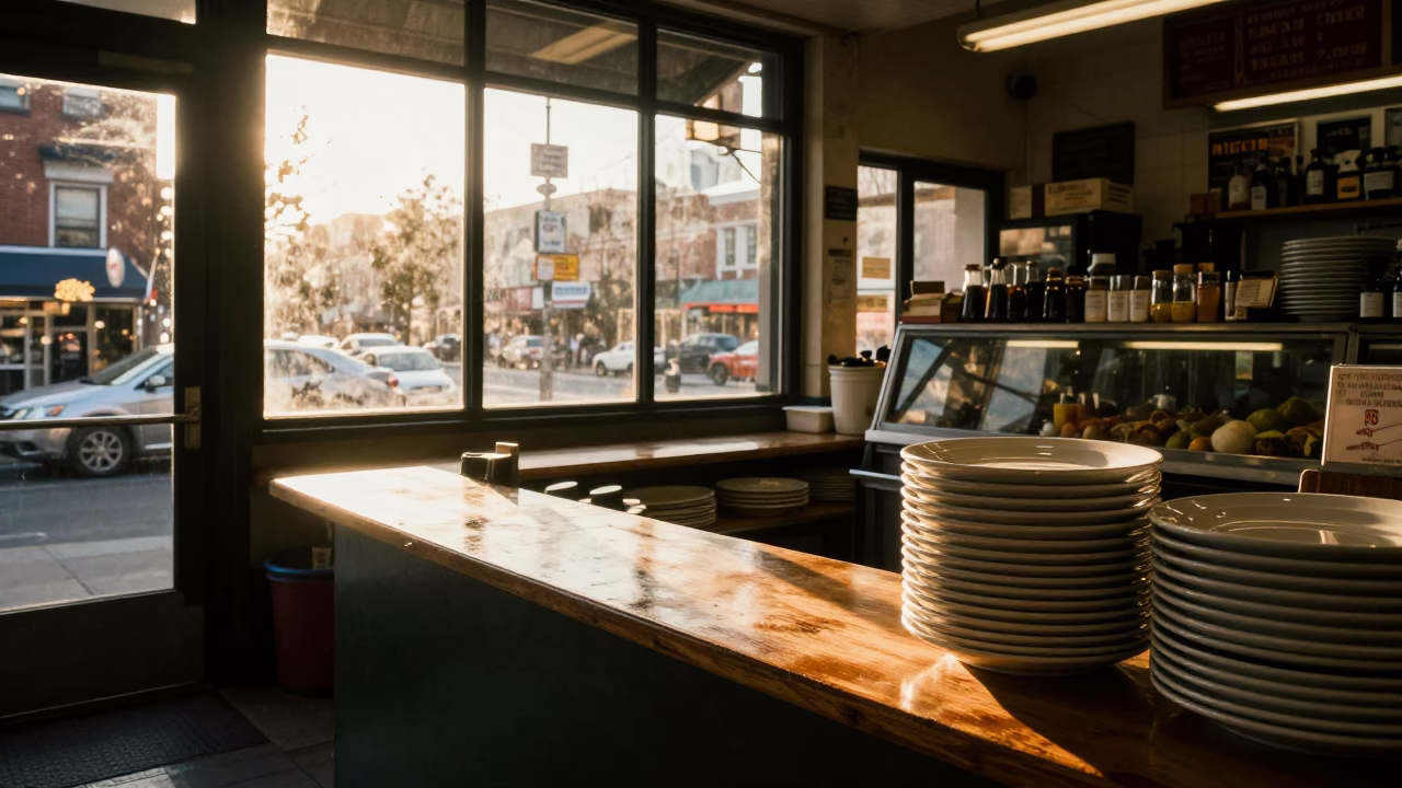 Philadelphia Golden Hour Street Scene with Stacked Plates and Urban Details in in Philadelphia, Pennsylvania, United States