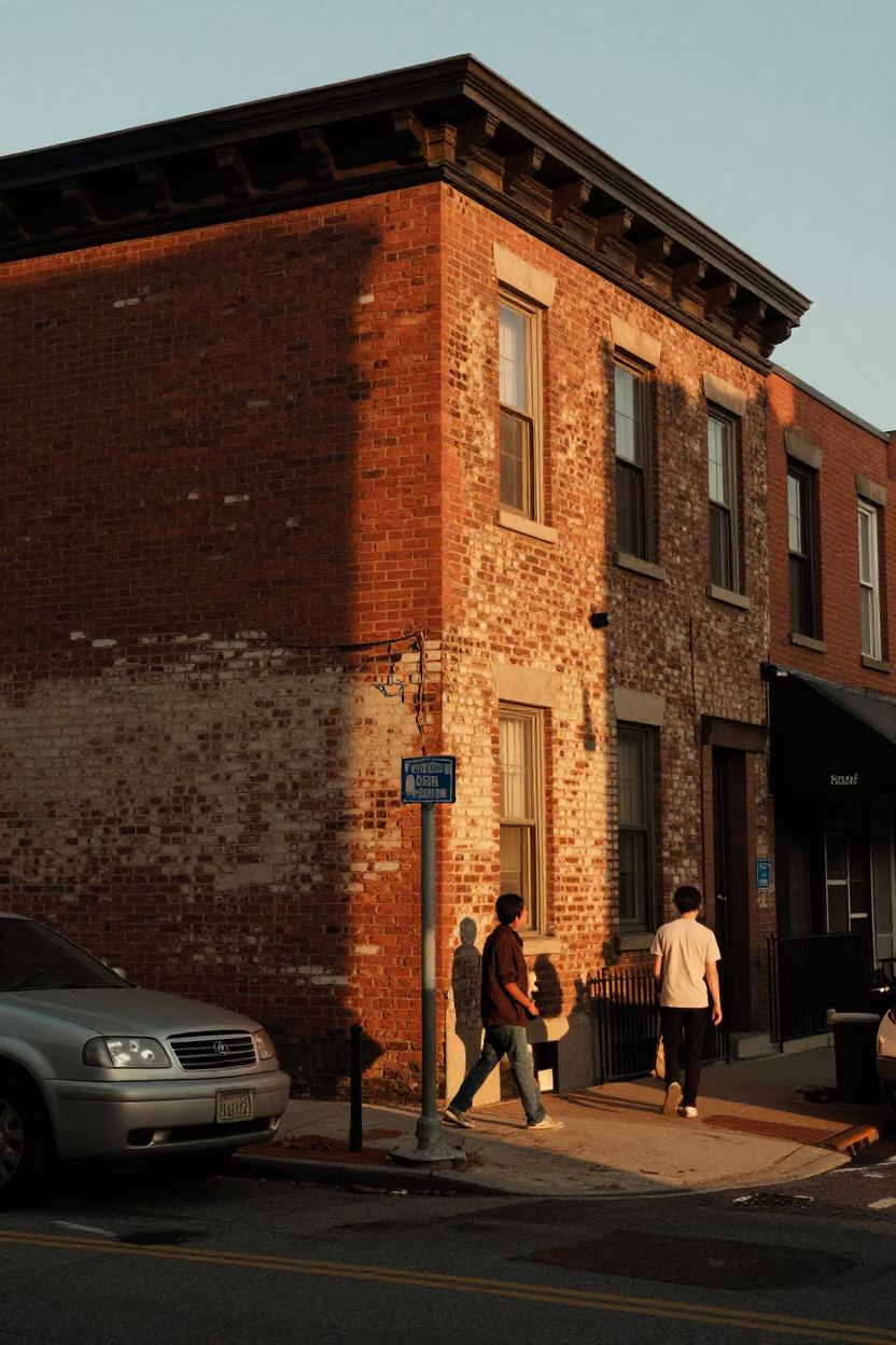 Philadelphia Golden Hour Street Scene with Vintage 1990s Aesthetic and Urban Details in in Philadelphia, Pennsylvania, United States