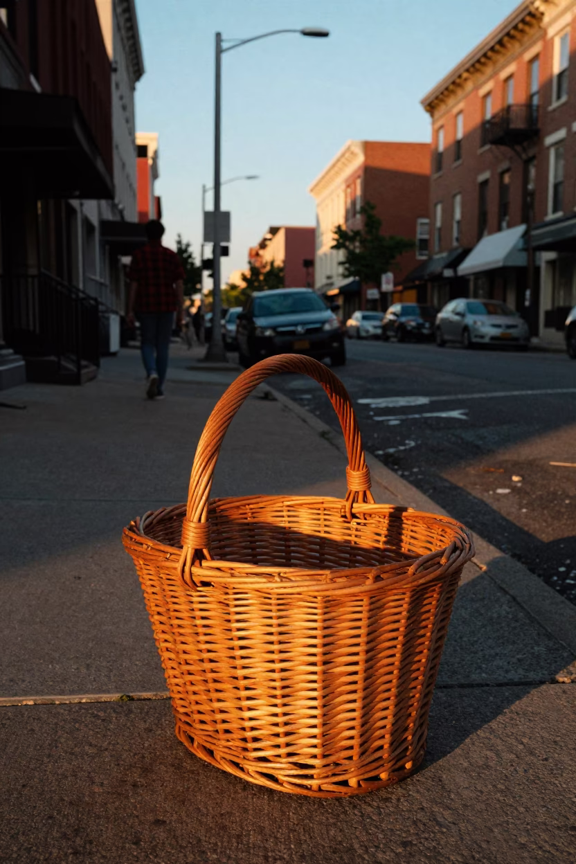 Philadelphia Golden Hour Street Scene with Vintage Wicker Basket and Urban Details in in Philadelphia, Pennsylvania, United States