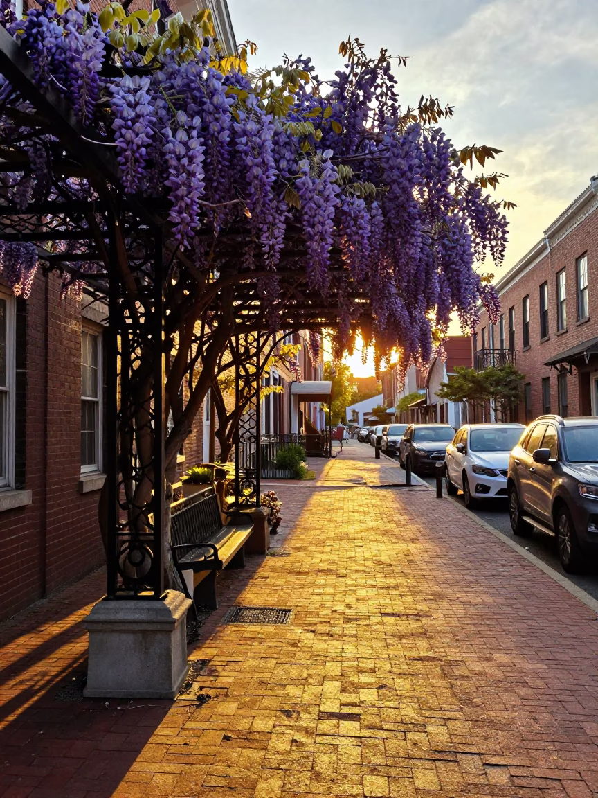 Philadelphia Golden Hour Street Scene with Wisteria and Local Life in in Philadelphia, Pennsylvania, United States