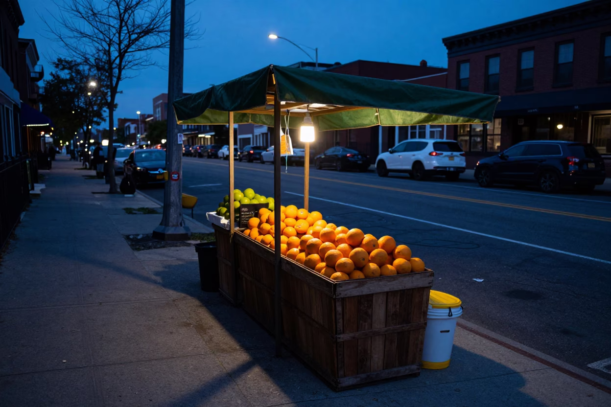 Philadelphia indigo twilight street scene with fruit stand and urban architecture in in Philadelphia, Pennsylvania, United States