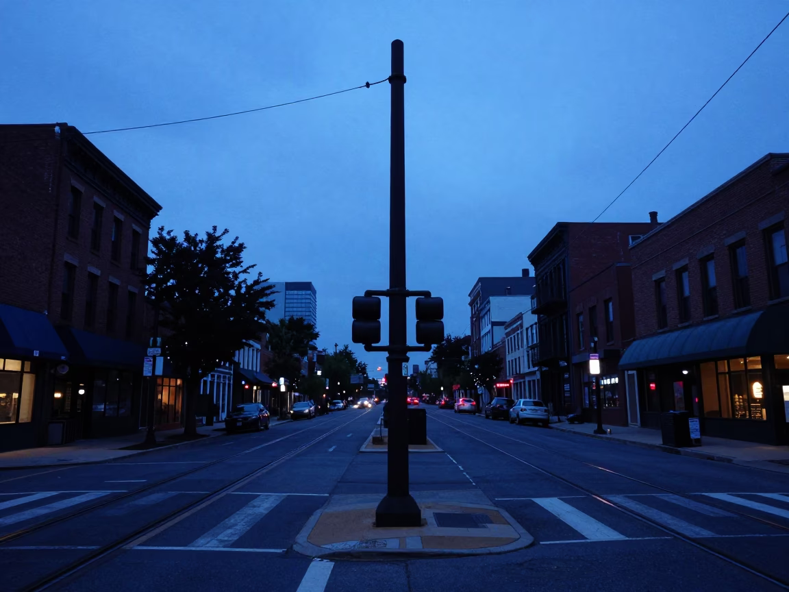 Philadelphia Indigo Twilight Street Scene with Signal Gantry and Parallel Rail Lines in in Philadelphia, Pennsylvania, United States