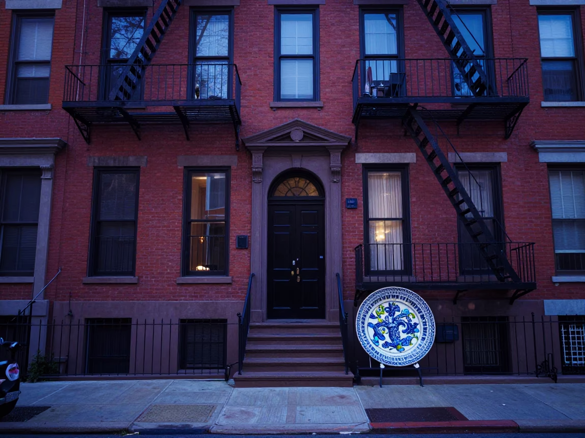 Philadelphia Indigo Twilight Street Scene with Vintage Majolica Plate and Doormat in in Philadelphia, Pennsylvania, United States