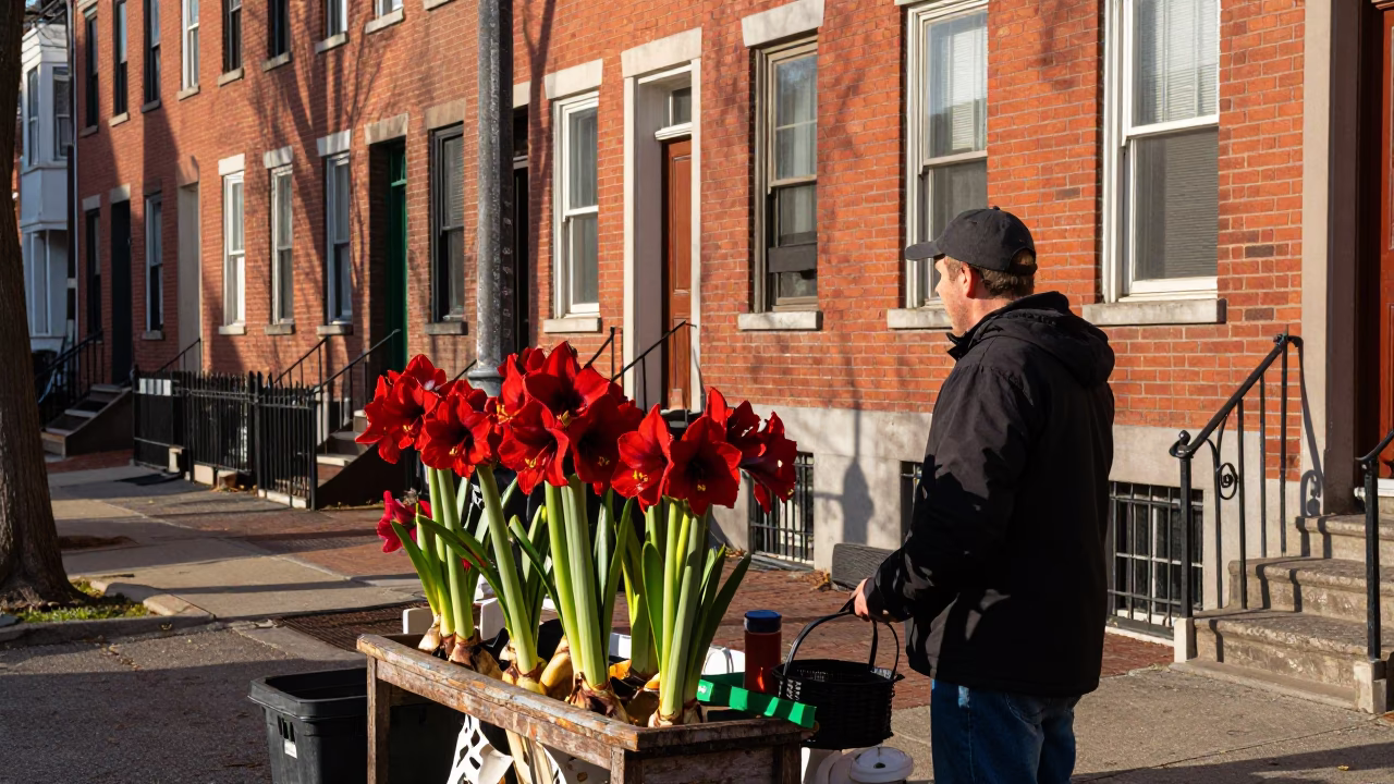 Philadelphia Late Afternoon Street Scene with Amaryllis and Urban Architecture in in Philadelphia, Pennsylvania, United States