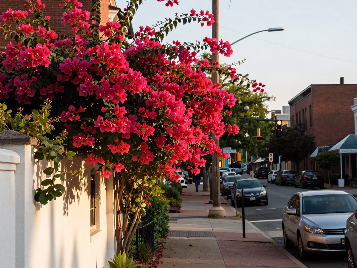 Philadelphia Late Afternoon Street Scene with Bougainvillea and Urban Construction in in Philadelphia, Pennsylvania, United States