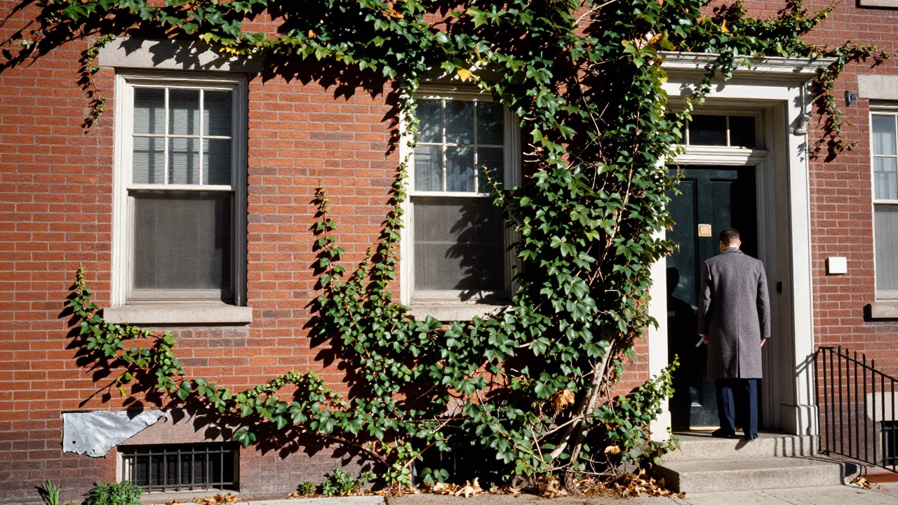 Philadelphia Late Morning Street Scene with Ivy and Dented Metal Rim in in Philadelphia, Pennsylvania, United States