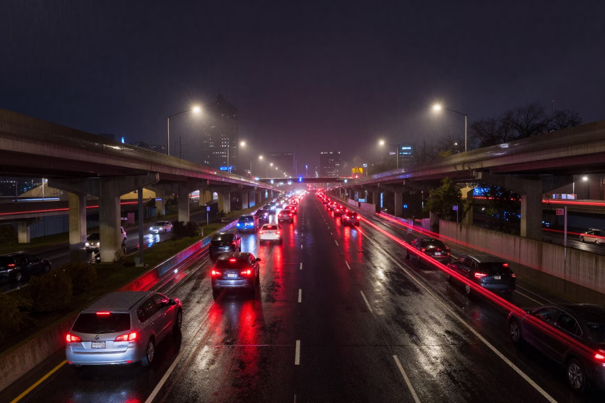 Philadelphia Late Night Overpass Interchange Glowing with Red Taillights After Rain in in Philadelphia, Pennsylvania, United States
