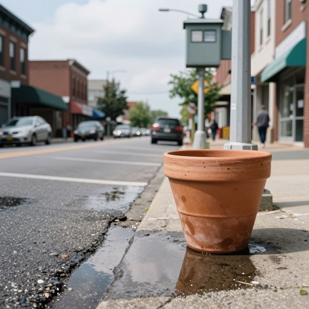 Philadelphia Midday Street Scene with Terracotta Pot and Substation Puddle Reflections in in Philadelphia, Pennsylvania, United States