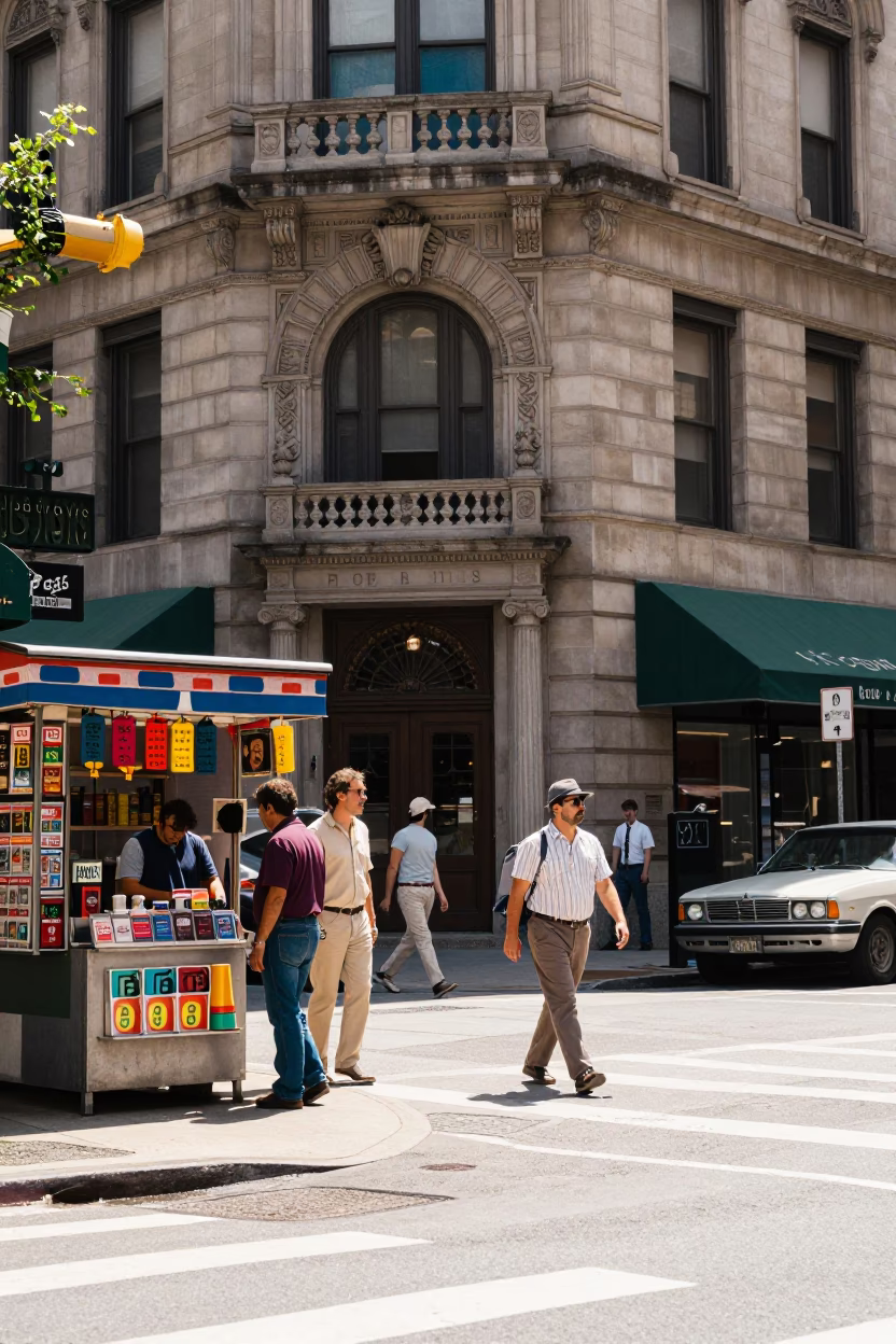 Philadelphia Midday Street Scene with Vintage 1980s Architecture and Urban Life in in Philadelphia, Pennsylvania, United States