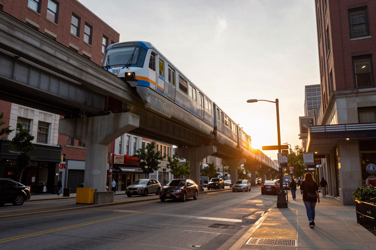 Philadelphia Monorail Golden Hour Street Scene with Urban Transit and City Architecture in in Philadelphia, Pennsylvania, United States