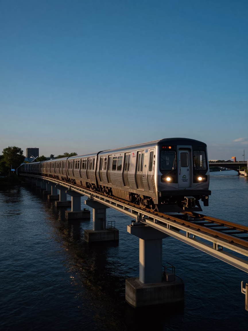 Philadelphia Monorail Sweeping Above Schuylkill River at Blue Hour in in Philadelphia, Pennsylvania, United States