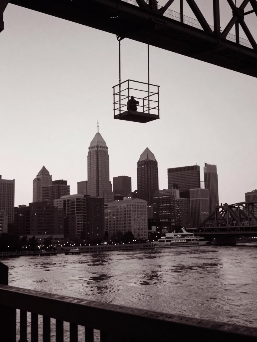 Philadelphia Nautical Dawn Bridge Maintenance Cage and City Skyline at Early Morning in in Philadelphia, Pennsylvania, United States