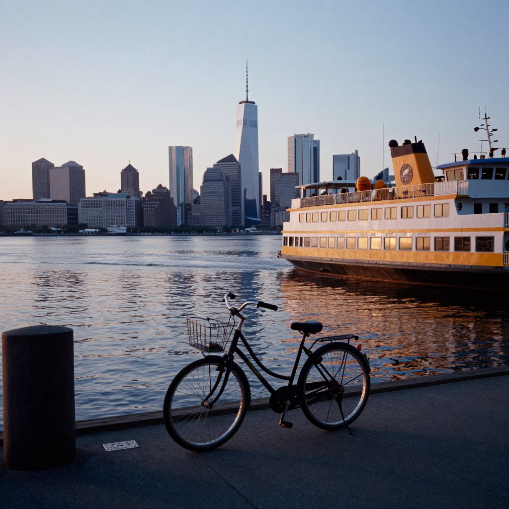 Philadelphia Nautical Dawn Ferry Dock Scene with Bicycle and Cup in in Philadelphia, Pennsylvania, United States