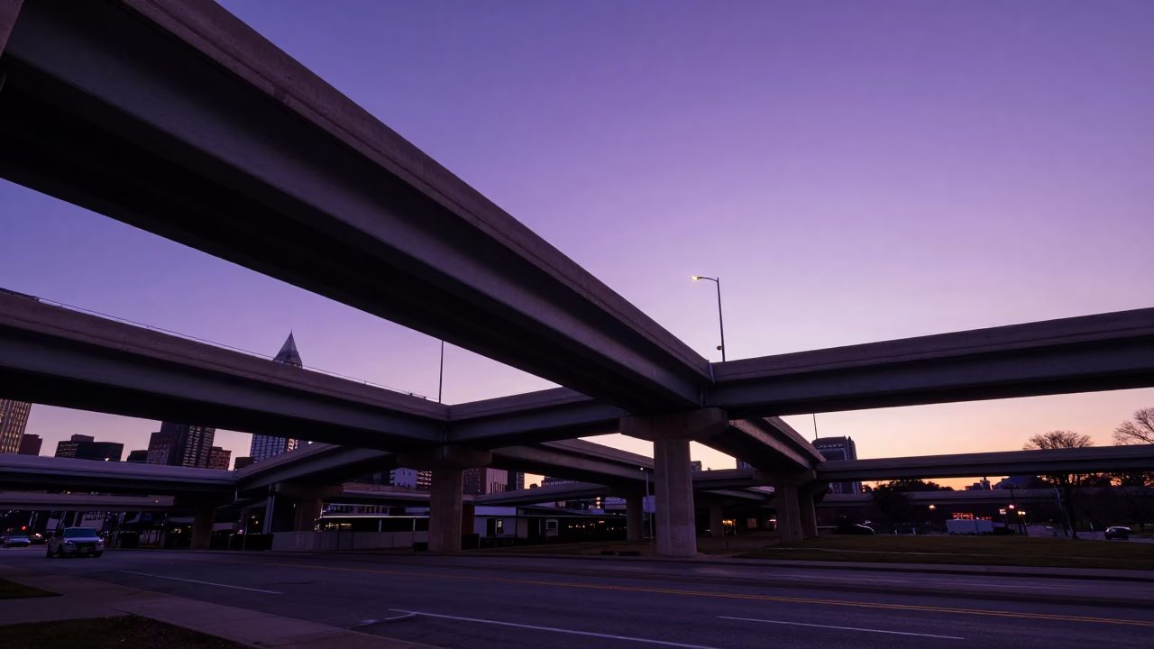 Philadelphia Nautical Dawn Overpass Interchange Ramp Slicing Across Violet Evening Sky in in Philadelphia, Pennsylvania, United States