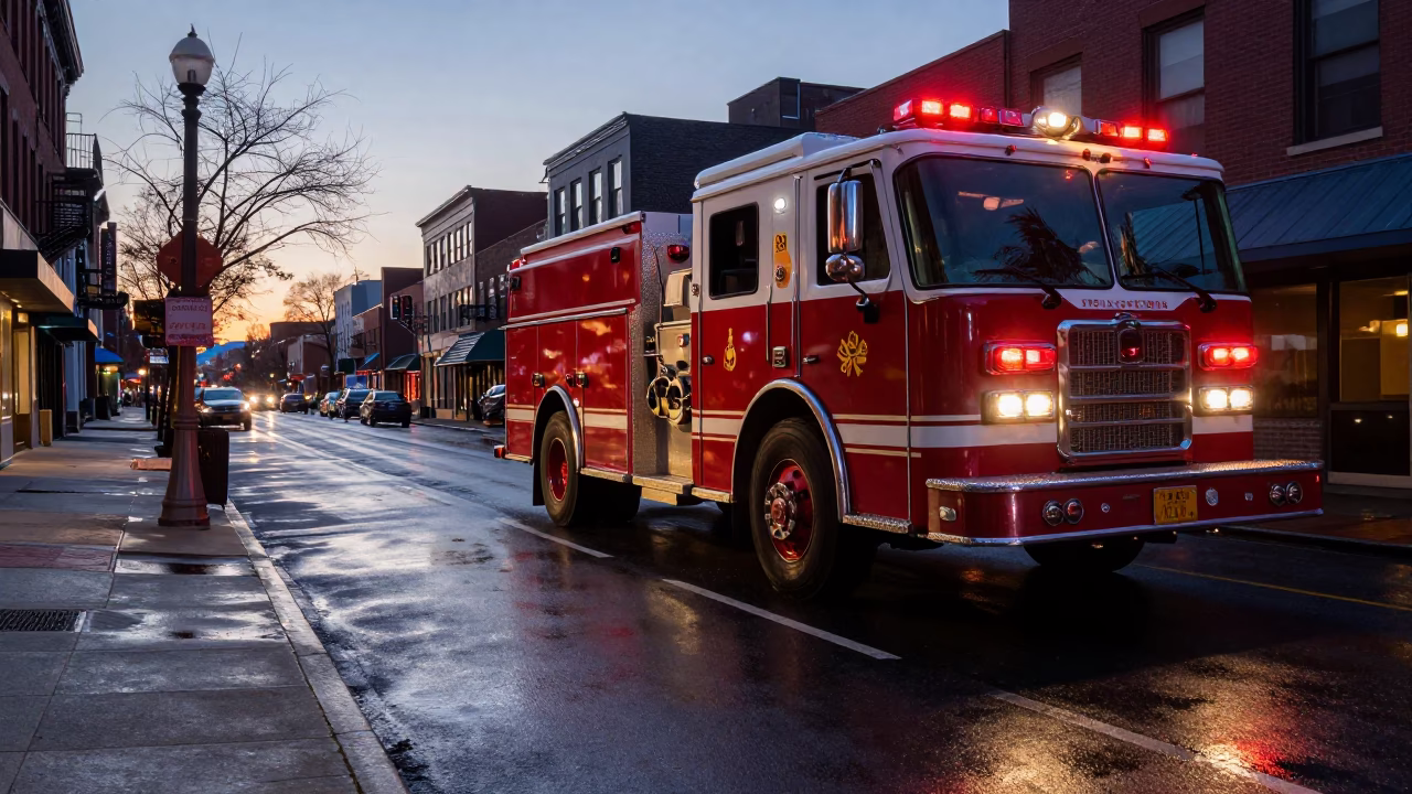 Philadelphia Nautical Dawn Street Scene with Fire Engine and Urban Details in in Philadelphia, Pennsylvania, United States