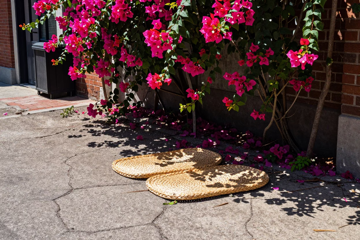 Philadelphia Noon Light Casts Shadows Over Woven Cane and Bougainvillea in in Philadelphia, Pennsylvania, United States