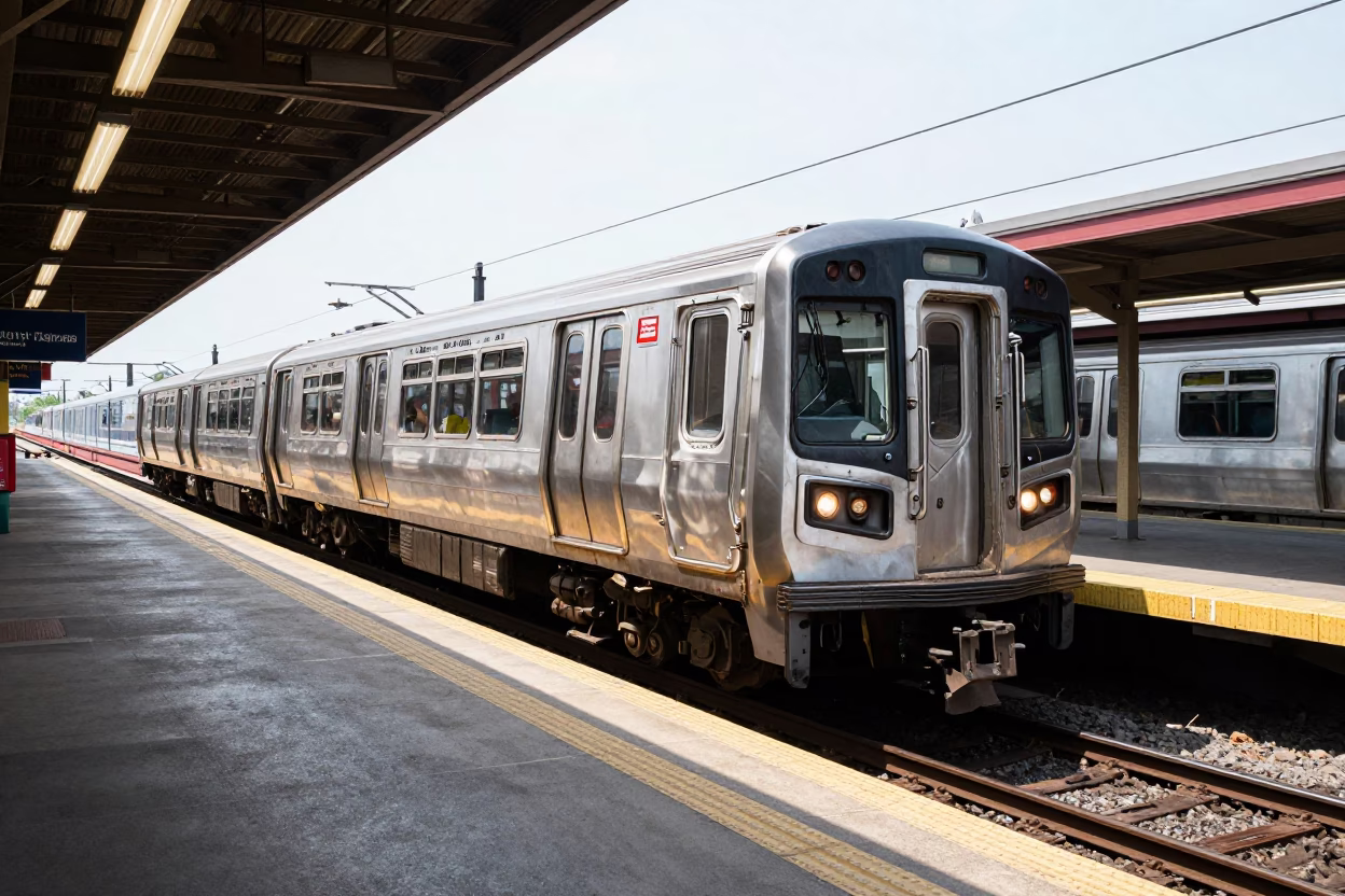 Philadelphia Noon Metro Train Arriving at Art Adorned Station Platform in in Philadelphia, Pennsylvania, United States