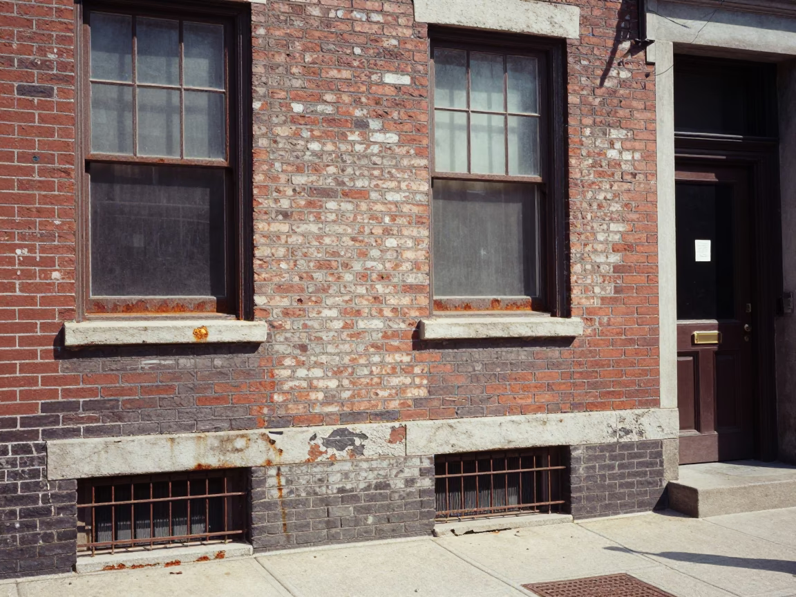 Philadelphia Noon Street Scene with Rusty Window Frame and Spool of Thread on Sidewalk in in Philadelphia, Pennsylvania, United States