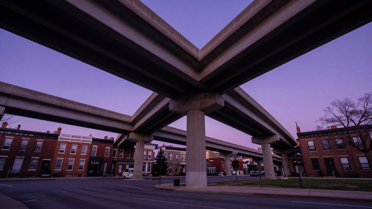 Philadelphia Overpass Ramp Slicing Across Violet Evening Sky at Twilight in in Philadelphia, Pennsylvania, United States