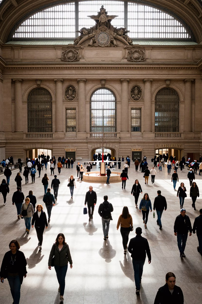 Philadelphia Penn Station Noon Crowd with Plumb Bob Tool on Bench in in Philadelphia, Pennsylvania, United States