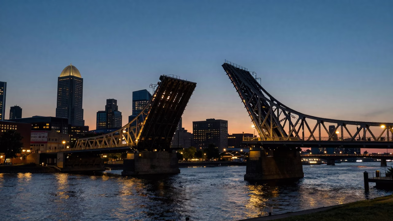 Philadelphia Penns Landing Evening Scene with Bascule Bridge and Urban Lights in in Philadelphia, Pennsylvania, United States