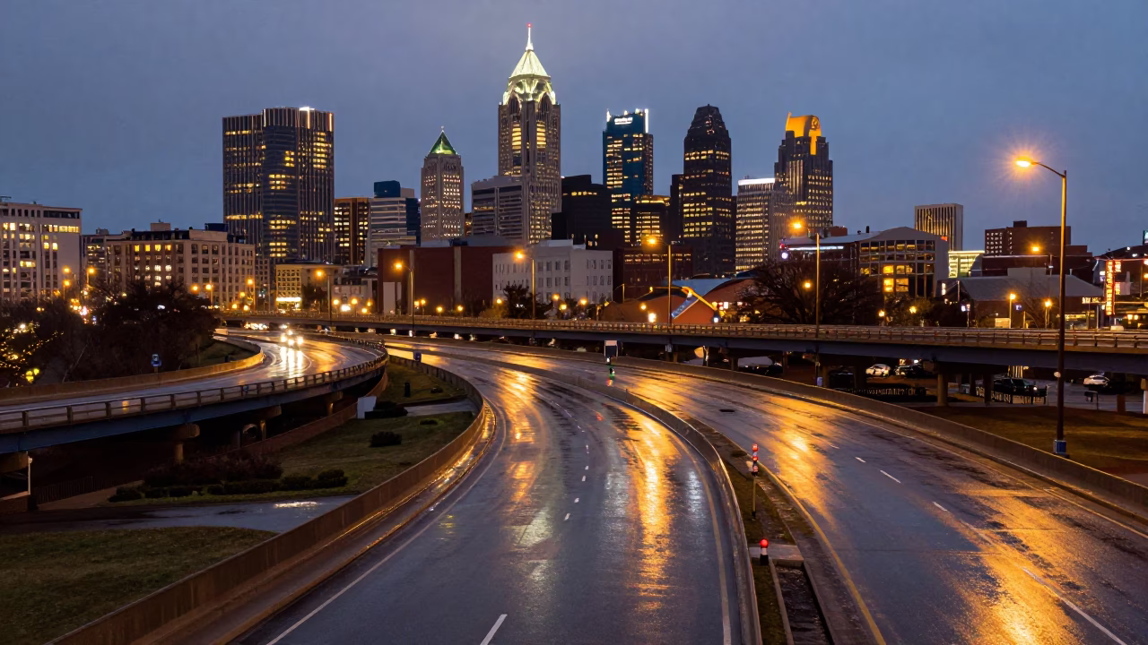 Philadelphia Pennsylvania City Lights Glow Over Rain-Slicked Overpass Interchange at Dusk in in Philadelphia, Pennsylvania, United States