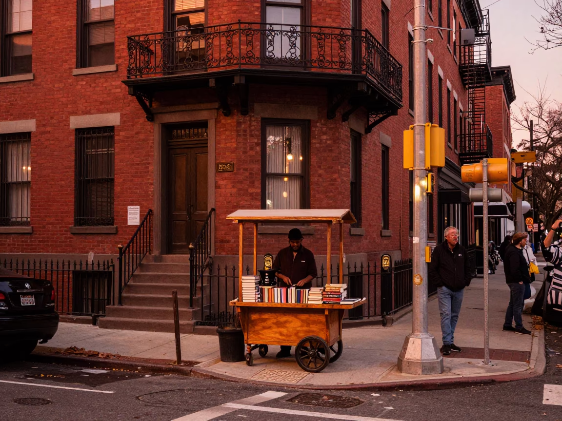 Philadelphia Pennsylvania Dusk Street Corner with Books and Coffee Grinder in in Philadelphia, Pennsylvania, United States