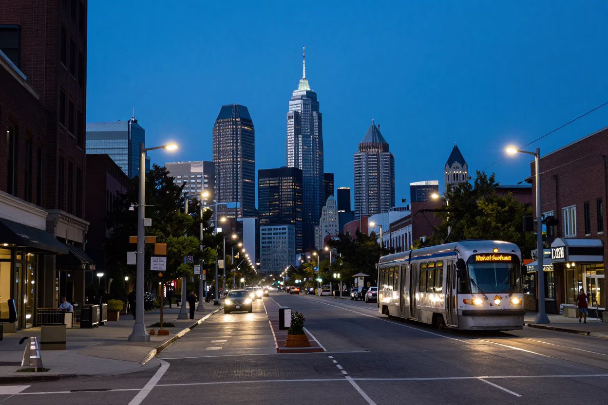 Philadelphia Pennsylvania Evening Skyline View from Urban Street with Tram and City Lights in in Philadelphia, Pennsylvania, United States