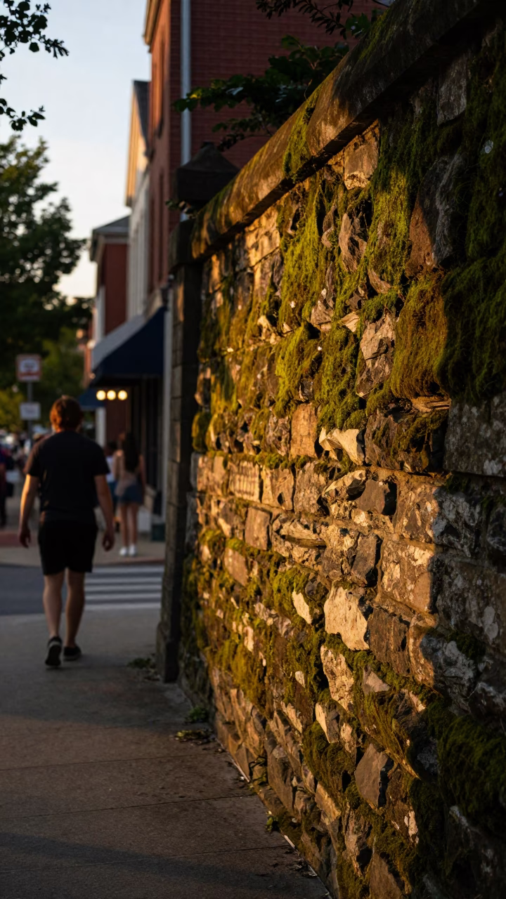 Philadelphia Pennsylvania Evening Street Scene with Mossy Stone Wall and Condensation on Glass in in Philadelphia, Pennsylvania, United States