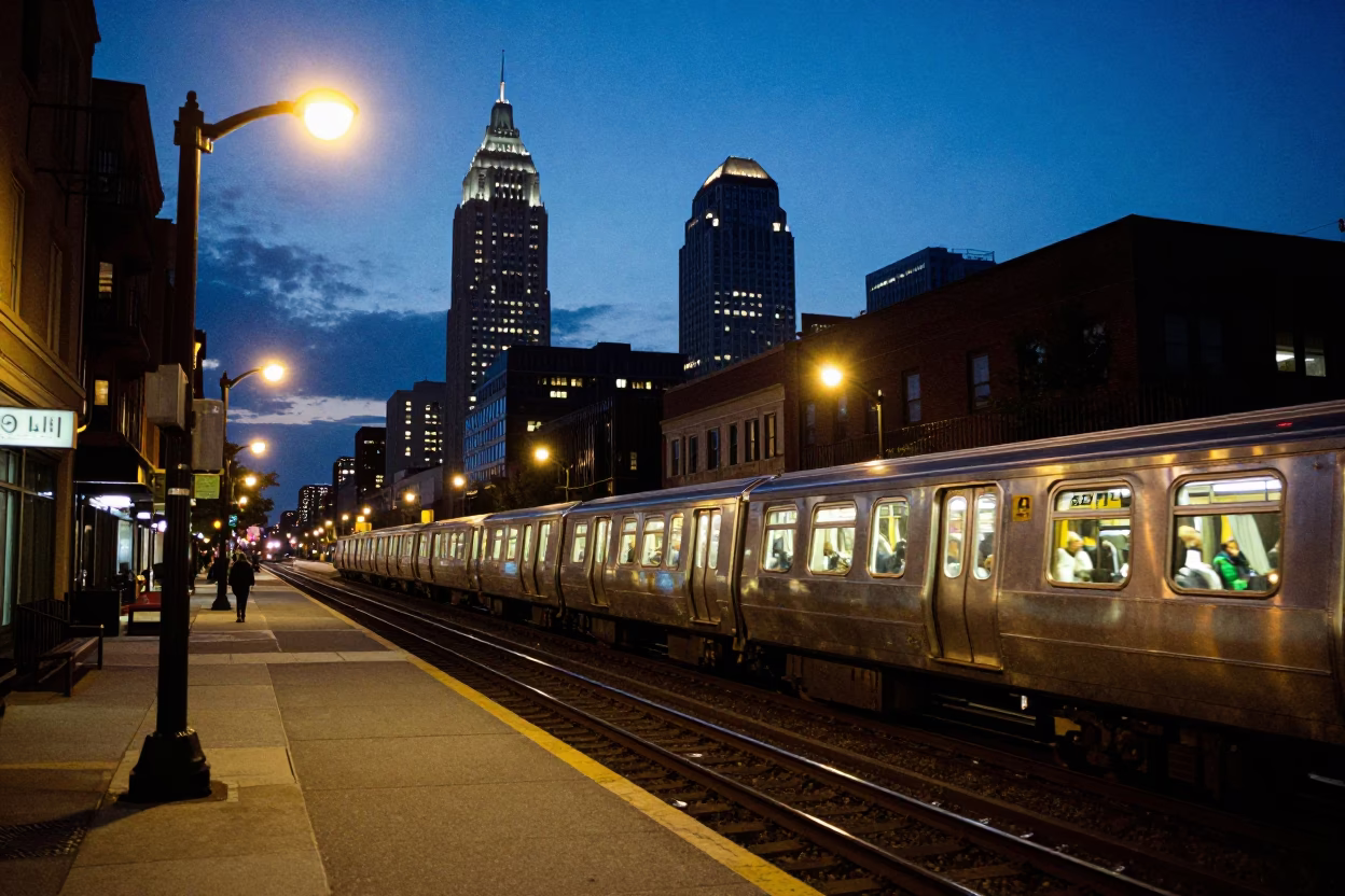 Philadelphia Pennsylvania Evening Street Scene with SEPTA Subway and City Lights in in Philadelphia, Pennsylvania, United States