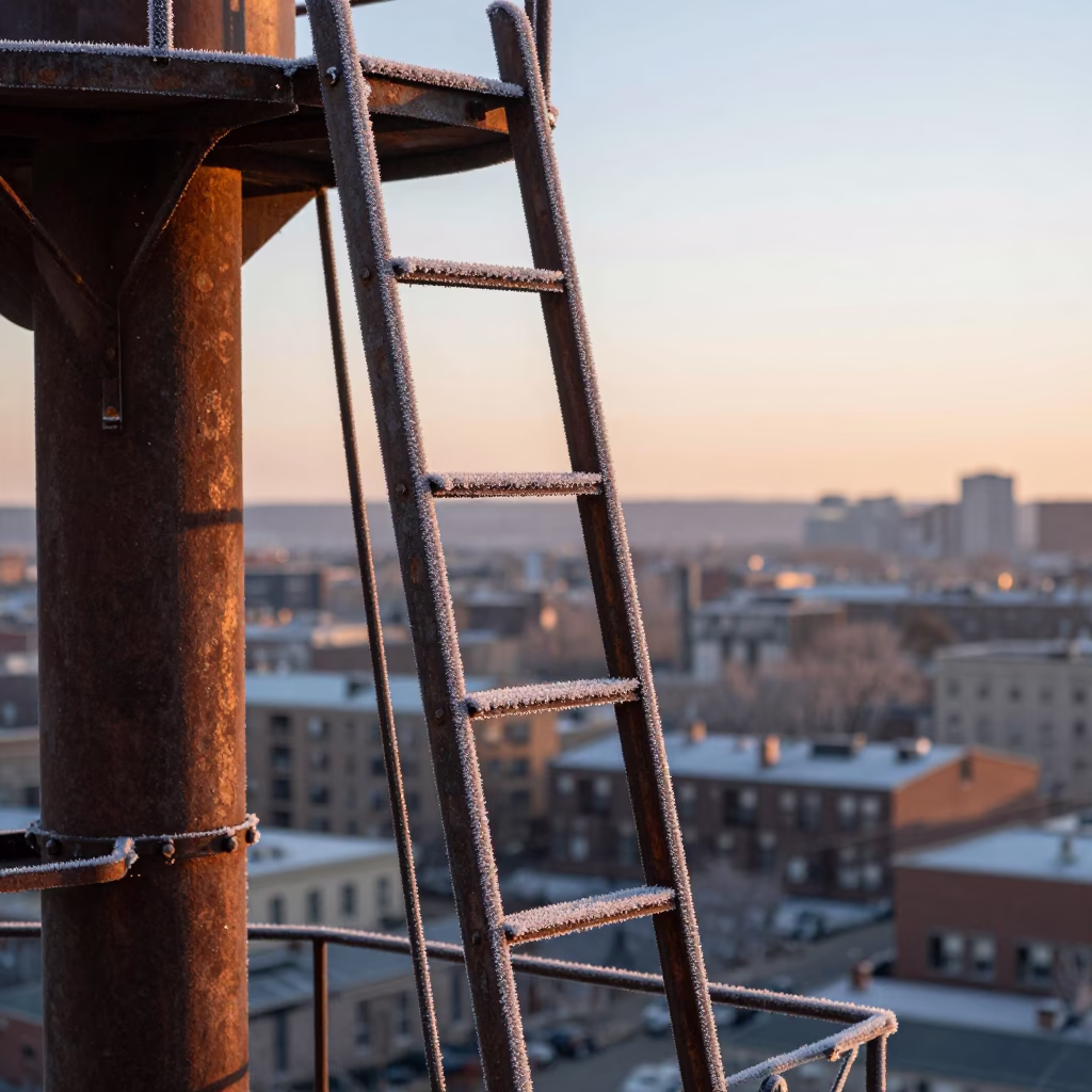 Philadelphia Pennsylvania First Light on Water Tower Ladder Frost and Urban Infrastructure in in Philadelphia, Pennsylvania, United States