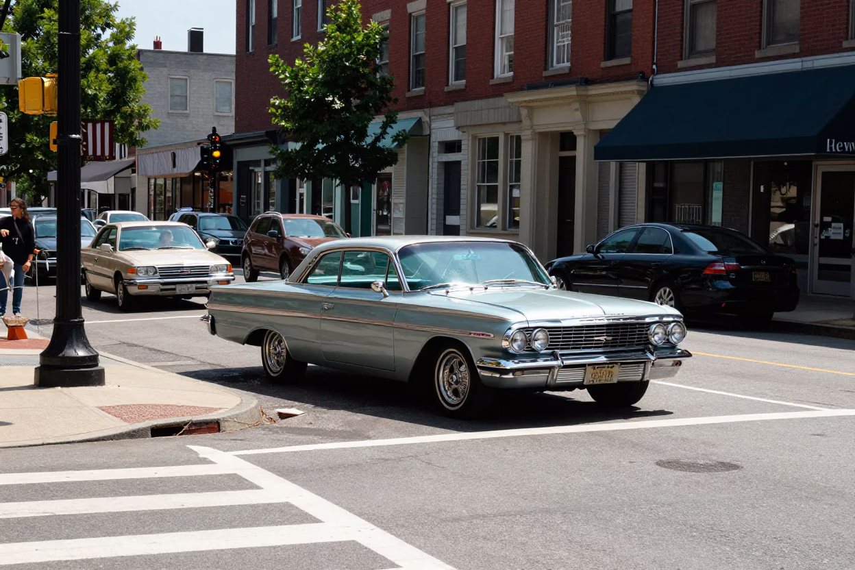 Philadelphia Pennsylvania Noon Street Scene with Vintage 1960s Car and Urban Details in in Philadelphia, Pennsylvania, United States