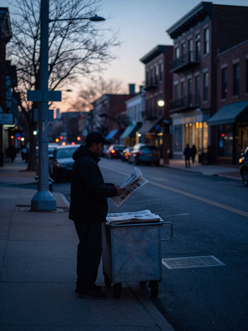 Philadelphia Pennsylvania Pre-Dawn Street Scene with Newspaper Vendor and Early Commuters in in Philadelphia, Pennsylvania, United States