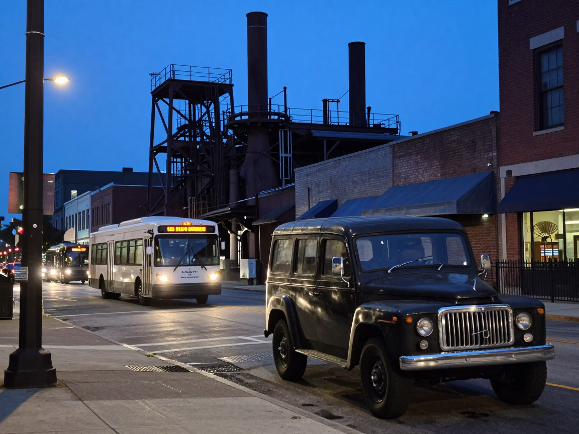 Philadelphia Pennsylvania Pre-Dawn Street Scene with Vintage SUV and Industrial Architecture in in Philadelphia, Pennsylvania, United States
