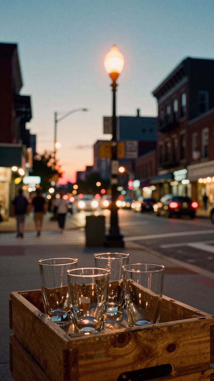 Philadelphia Pennsylvania Street Corner Evening Light with Glass Tumblers and Bottle in in Philadelphia, Pennsylvania, United States