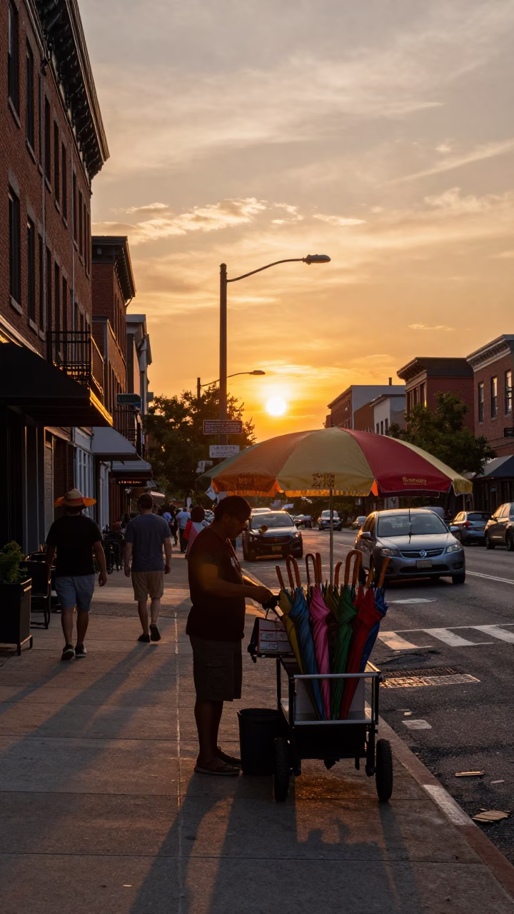 Philadelphia Pennsylvania Street Scene at Sunset with Vintage Umbrellas and Urban Architecture in in Philadelphia, Pennsylvania, United States